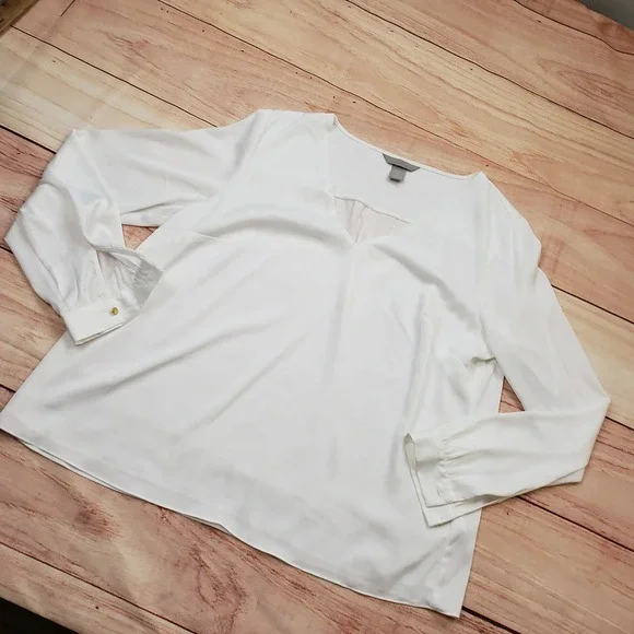 H&M Blouse Womens 12 White V-Neck Long Sleeve Blouse Business Casual Top Ladies - Picture 2 of 8